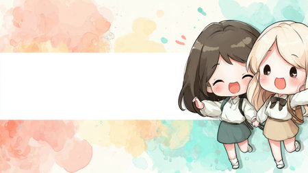 Two chibi friends share a joyful moment giving high five in front of a colorful pastel background with space for a message or textの素材