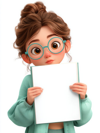 A character with glasses stands holding a blank book with a thoughtful look.の素材