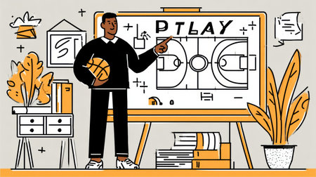 A mascot depicting a strategy coach stands with a basketball, pointing to a playboard in a dynamic sports setting.の素材