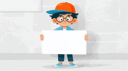 Cute cartoon character stands holding a big blank sign board against a white background ready for any message or design idea.の素材