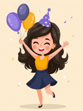 A chibi character holds colorful balloons while wearing a party hat and showing excitement in a simple celebration scene on a blank pastel background.の素材