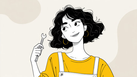 Technical support character stands with a wrench, smiling confidently in a minimal style against a plain background.の素材