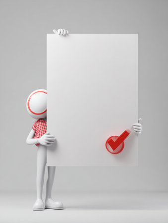 A mascot stands proudly while holding a large blank sheet of paper with a check mark, celebrating a completed goal in a simple environment.の素材