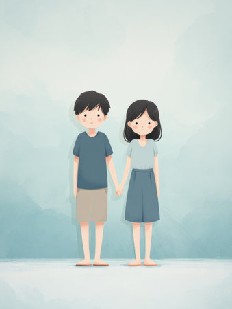 A shy cute character stands with hands hidden behind back, blushing. The calm pastel background adds a soft touch to the scene.の素材