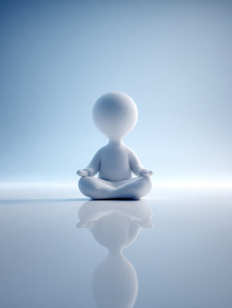 A therapist mascot figure is sitting cross legged in a meditation pose. The background is blank and can be used for various designs or messages.の素材