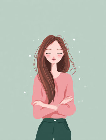 A shy character with long hair blushes while holding hands behind the back. The background is a soft pastel color enhancing the moment.の素材