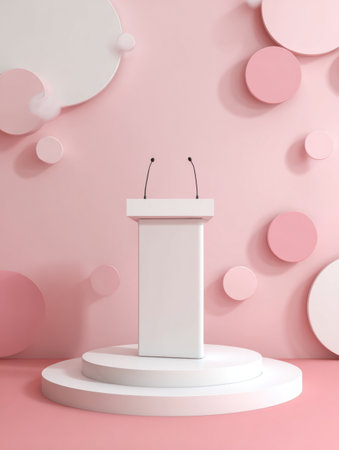 A clean podium stands ready on a stage surrounded by geometric pastel shapes for a business presentation in spring.の素材