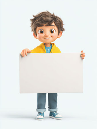 A cartoon character stands smiling while holding a large blank sign board against a plain white background, suitable for ads or promotions.の素材