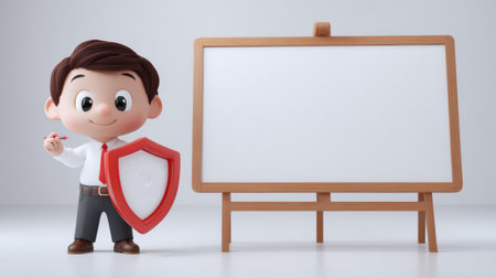Mascot stands next to a blank board holding a shield, conveying a message about safety and protection in an indoor setting.の素材