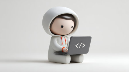 A cute IT programmer mascot works intently on a laptop in a white studio. The character shows focus on coding and technology.の素材