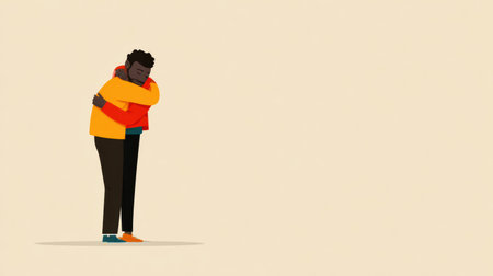 A caring wellness character shows a gentle hug gesture in a simple background, reflecting warmth and connection between two individuals.の素材