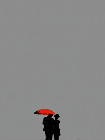 A couple shares a red umbrella, standing together in the rain. Their silhouettes show a bond as they enjoy a moment in each others company.の素材