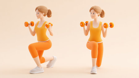 Character engages in a fitness routine holding dumbbells while performing lunges in a blank space. Focus is on exercise techniques and form.の素材