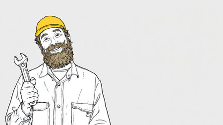 A friendly character with a beard and yellow hat holds a wrench. He shows a big smile in a minimal style with a blank background.の素材
