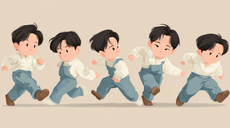 Chibi character is in a sprint start pose on a clean pastel background showing energy and excitement in motion.の素材