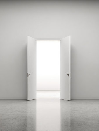 An open doorway in a white room invites new possibilities. The large space allows for creativity and personal expression in a blank environment.の素材
