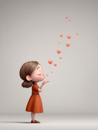 A cartoon kid with brown hair is blowing an air kiss while heart shapes rise in the air. There is a blank area for adding text.の素材