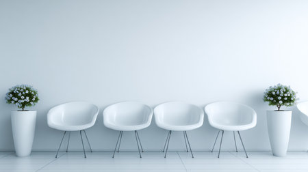 A waiting room features white walls and empty chairs without people. Soft daylight fills the room, providing a blank space for relaxation.の素材