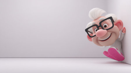 Character is peeking around a corner with a nervous expression in a blank area and giving a big smile while wearing glasses.の素材