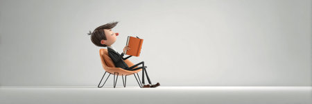 Toon character sits in a chair, holding a book while enjoying a quiet reading moment against a blank background.の素材