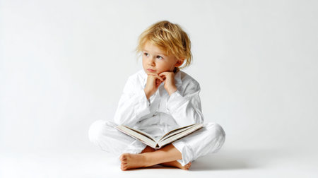A child is sitting on the floor, reading a book and looking thoughtful. The background is plain and white, creating a bright atmosphere.の素材