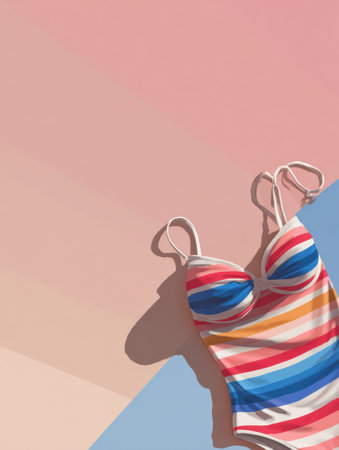 Swimsuit is laid flat diagonally, showing colors against a pastel backdrop. The design highlights summer wear and swim activities.の素材