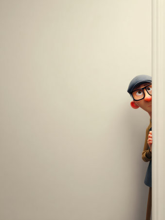 A cartoon character looks around a corner, showing nerves and curiosity in a simple, empty setting without any distractionsの素材