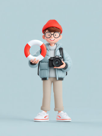 Influencer mascot stands in minimal background, holding a ring light and a camera, ready to create content for social media during an event.の素材