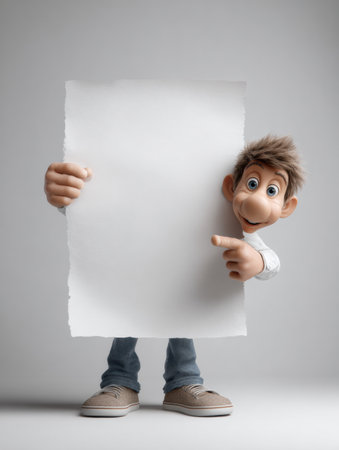 A character is smiling and pointing upwards while holding a blank piece of paper. The scene has a plain background suitable for various projects.の素材