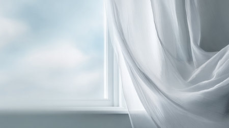 White linen curtains sway softly in the breeze by a window. The sky appears pale and bright, creating a light atmosphere in the space.の素材