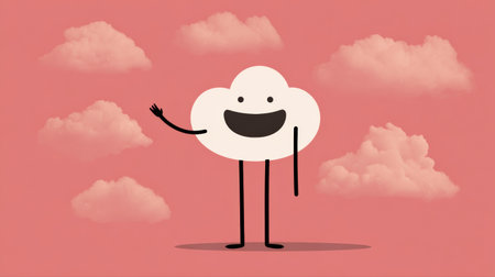Chibi cloud character smiles and waves in a colorful sky, creating a friendly atmosphere with open space for additional messages.の素材