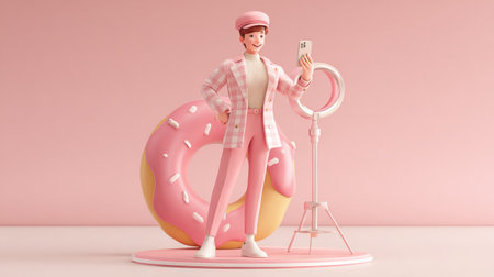 Mascot holds a phone and stands beside a ring light and donut. The background is simple and focuses on the creative space for content creation.の素材