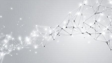 A network of light dots connecting in a minimalist style on a white background, representing data flow and connectivity.の素材