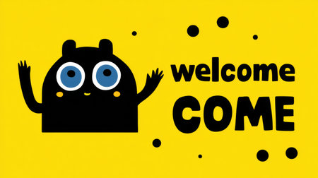 Mascot waves and welcomes newcomers with friendly gestures against a vibrant yellow background, inviting people to learn more.の素材