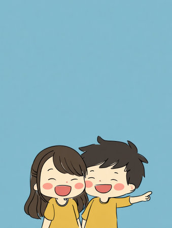 Two chibi characters laugh and point forward happily, set against a plain background. Their joyful expression invites viewers to share in the fun.の素材