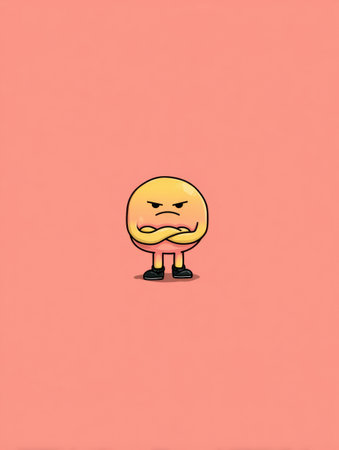A cartoon character shows an angry pout and crossed arms while standing alone against a minimal background, offering clear space around.の素材