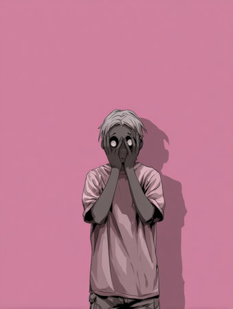 A character expresses anxiety by holding their head with a worried expression, standing against a simple pink background.の素材