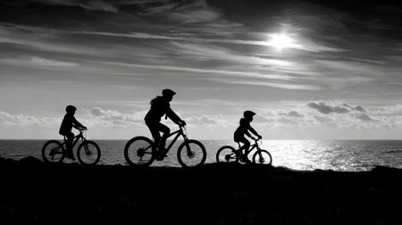 Family enjoys time biking along a coastal path beside the open sea while the sun is setting in the background showing negative space in the sky.の素材