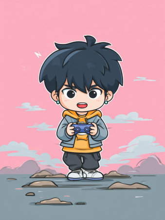 Chibi mascot of a game developer stands with a game controller. The character has an energetic pose and is set against a minimal pink backdrop.の素材