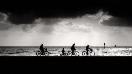 A family pedals along a coastal path beside the sea, enjoying a ride as dark clouds gather above. The scene highlights family bonding.の素材