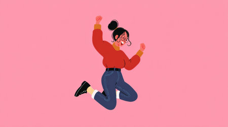 A character jumps with joy showing excitement in a minimal scene with pink background. The pose reflects success and happiness in a simple setting.の素材