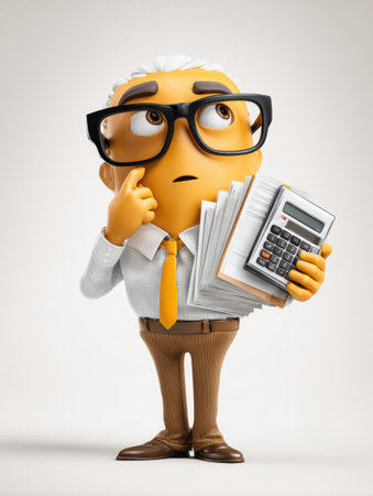 A mascot representing an accountant stands in a thoughtful pose while holding a calculator and papers against a blank background.の素材
