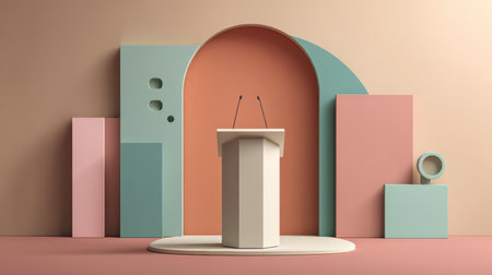 Clean podium stands before colorful geometric shapes, creating a ready space for spring business presentations and discussions in a bright atmosphere.の素材
