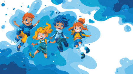 Four chibi characters are jumping joyfully while holding hands in a bright scene with a blank banner for messages or promotions.の素材