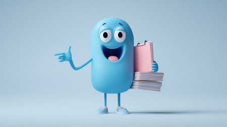 Finance advisor mascot stands with a stack of documents and a clipboard, making an approval gesture in a neutral setting.の素材