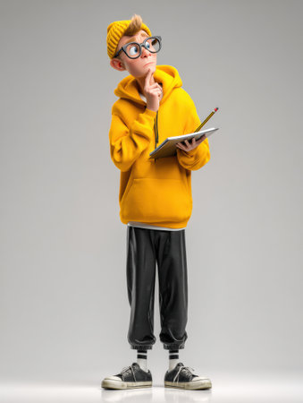 Student mascot looks curious and thoughtful while holding pencil and notebook in a simple background. Great for educational themes or projects.の素材