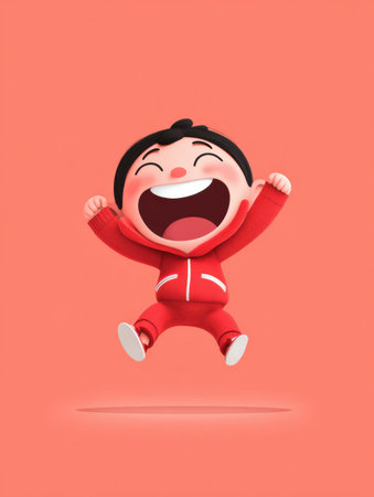 A chibi character leaps into the air with excitement and joy. The pastel background offers space for thoughts and creativity.の素材