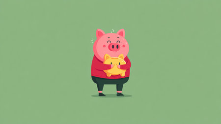 A cheerful character grips a piggy bank while promoting the idea of saving money in a simple green background setting.の素材