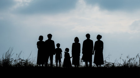 Seven family members stand side by side in silhouette against a wide sky, holding hands and enjoying time together in the evening light.の素材