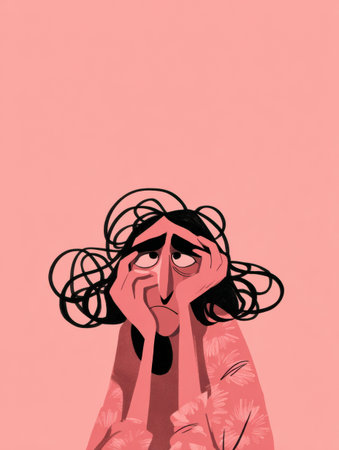 A character displays worry by holding their head while sitting on a minimal stage with a plain background. Their expression shows anxiety.の素材